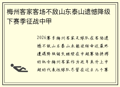 梅州客家客场不敌山东泰山遗憾降级下赛季征战中甲